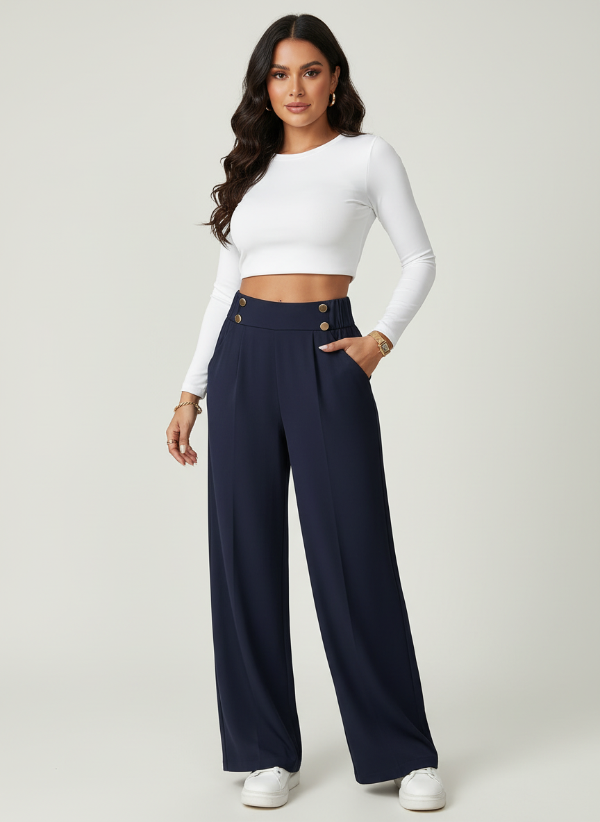 High waist pantalon dames met knoopdetails