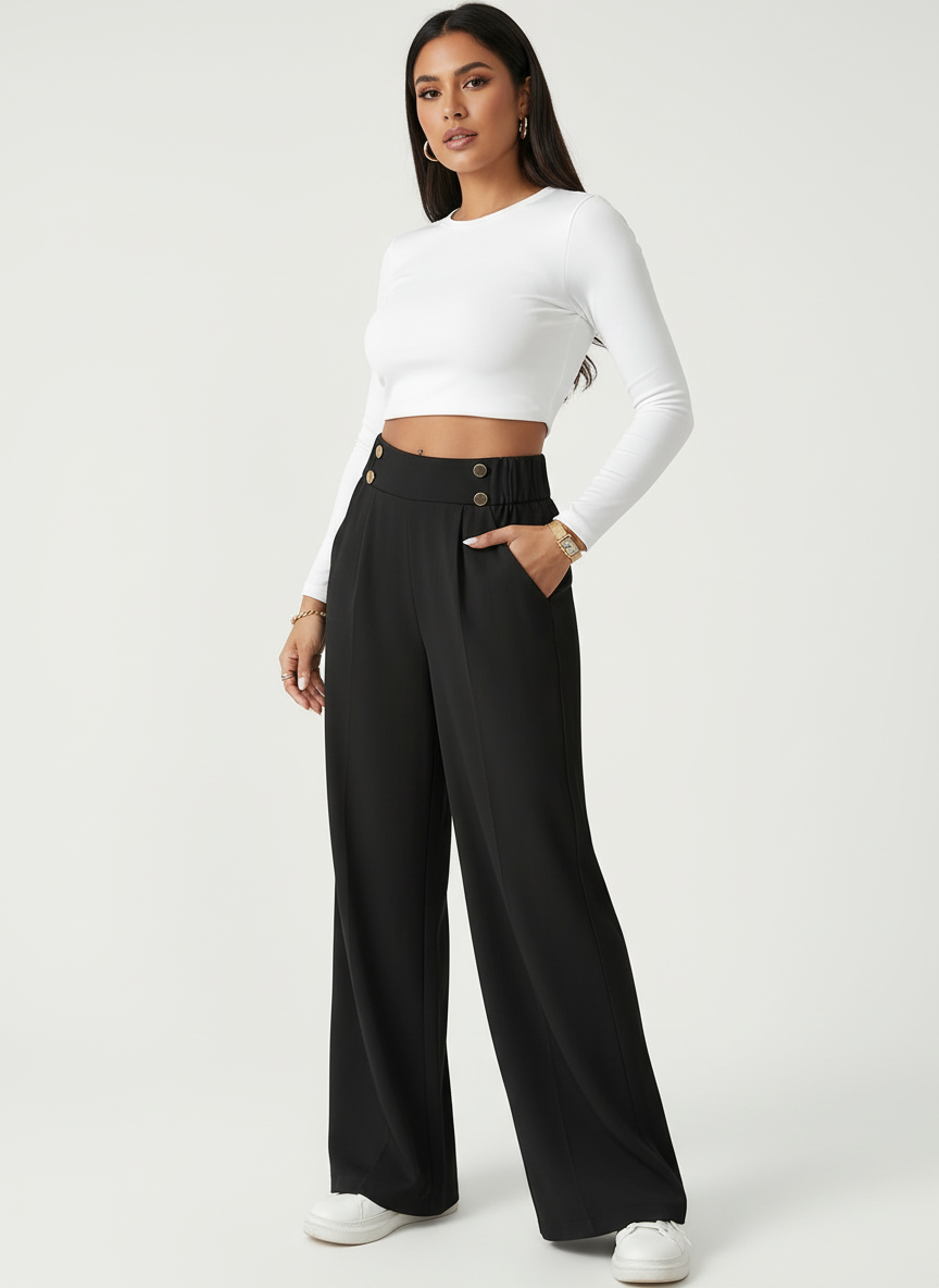 High waist pantalon dames met knoopdetails