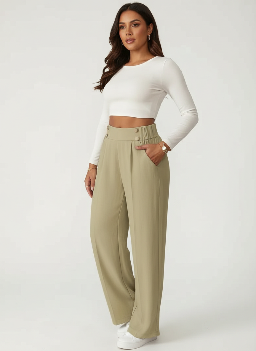 High waist pantalon dames met knoopdetails