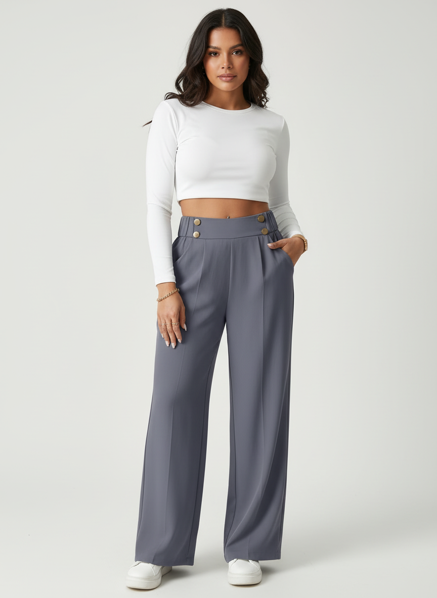 High waist pantalon dames met knoopdetails