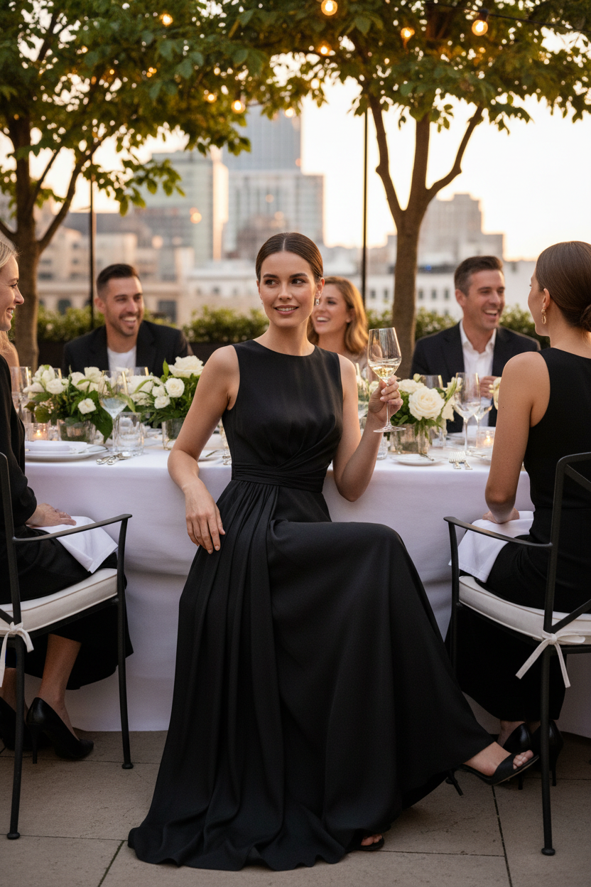 Lifestyle foto zwarte jurk zomers diner