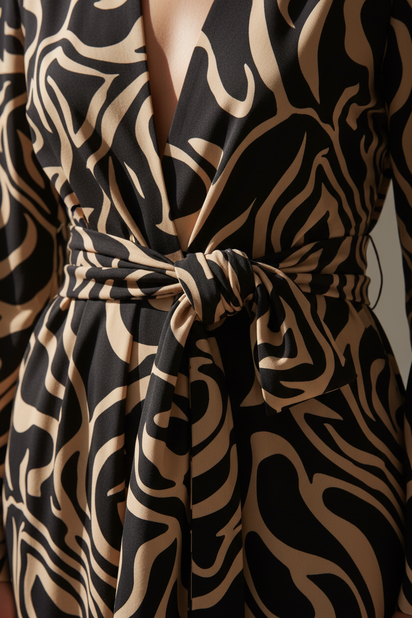 Detail zandprint jurk strikceintuur